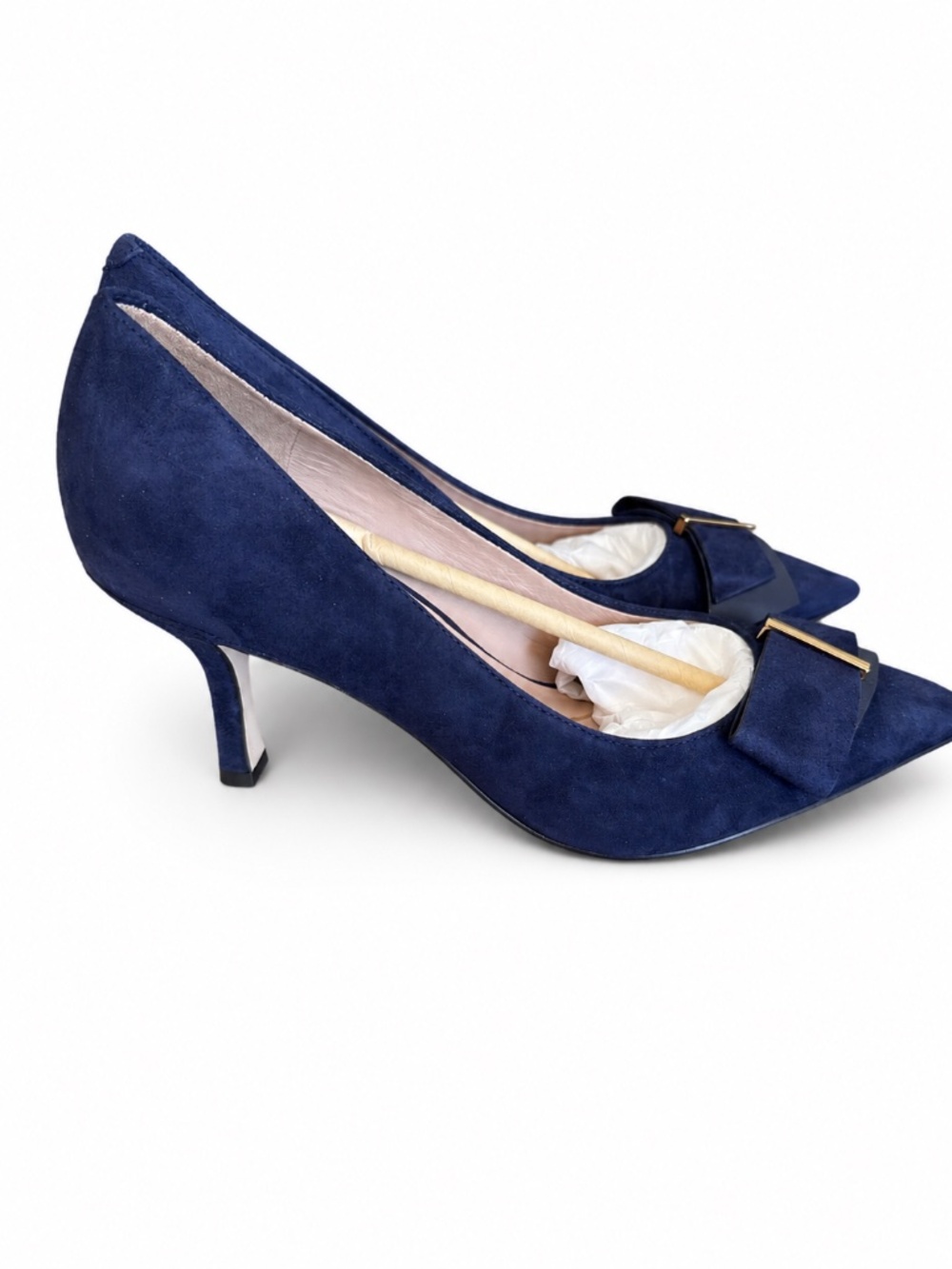 Cole Haan Felicia Bow Pumps Navy Suede Gold Accent Size 8B - Picture 3 of 8